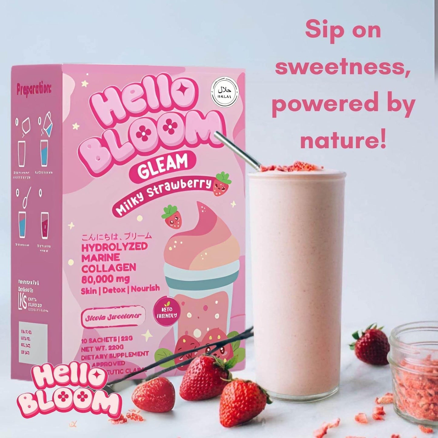 Hello Bloom GLEAM Collagen Drinks – Milky Melon, Avocado & Strawberry - MZG Health & Beauty Imports