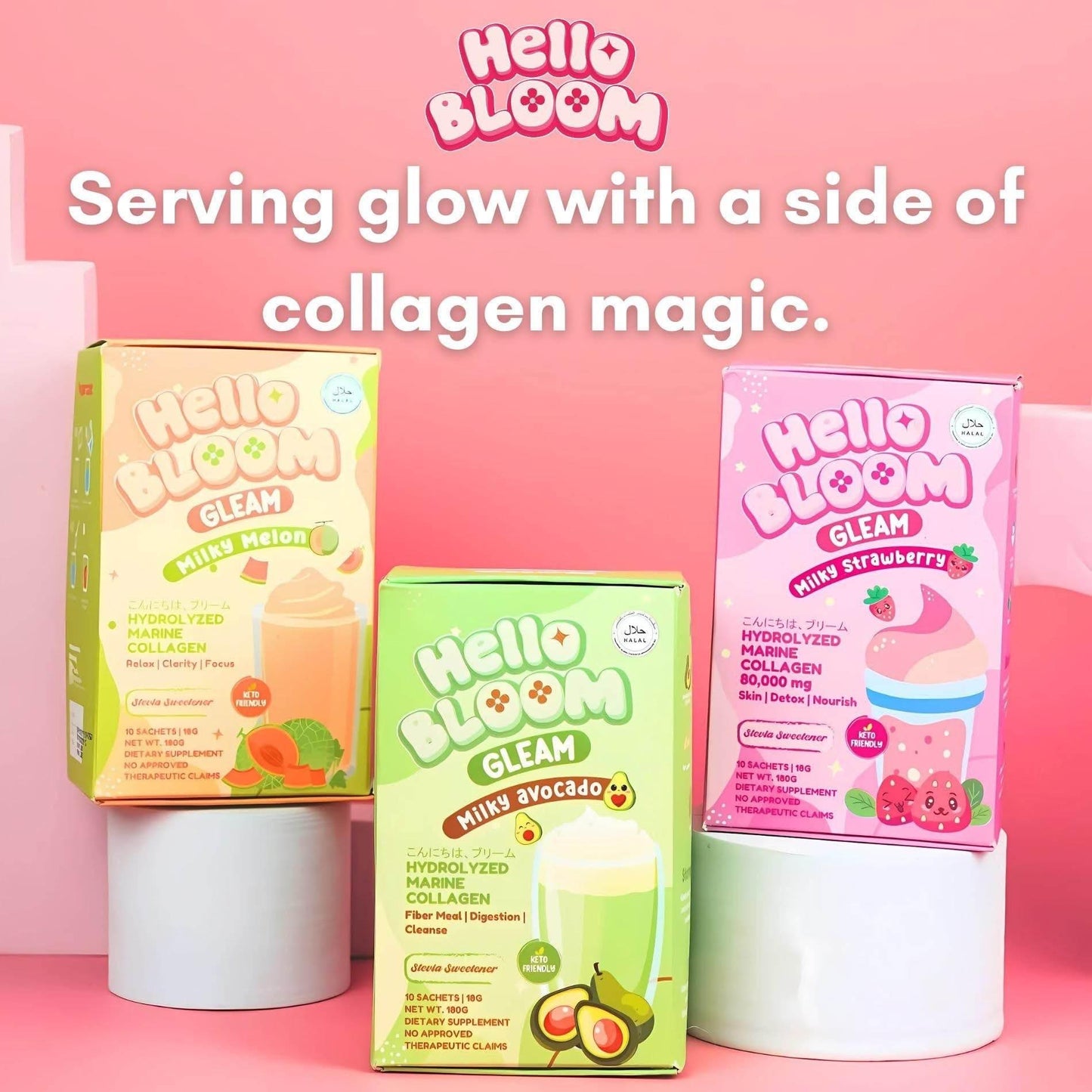 Hello Bloom GLEAM Collagen Drinks – Milky Melon, Avocado & Strawberry - MZG Health & Beauty Imports