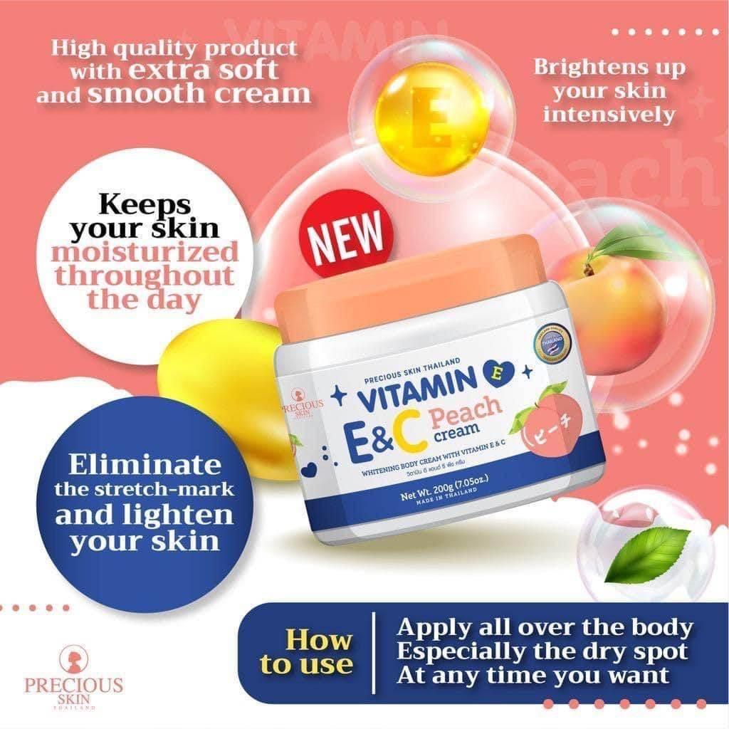 Precious Skin Thailand Vitamin E & C Peach Cream 200g - MZG Health & Beauty Imports
