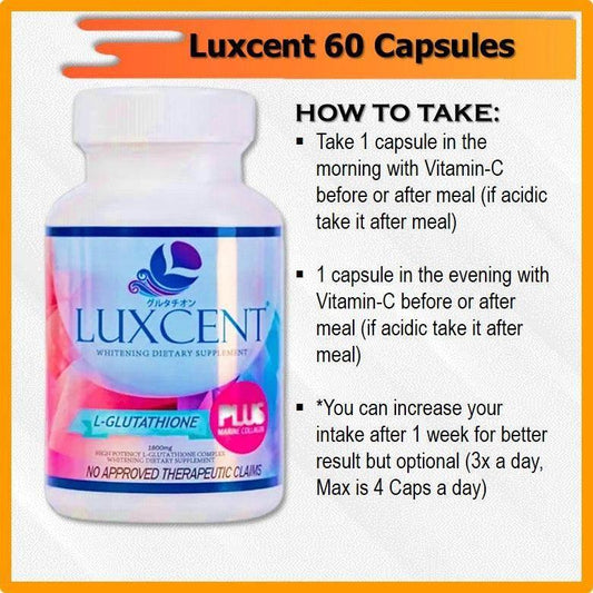 Luxcent Luminous Caps (1800mg): L-Glutathione + Marine Collagen Whitening Capsule - MZG Health & Beauty Imports