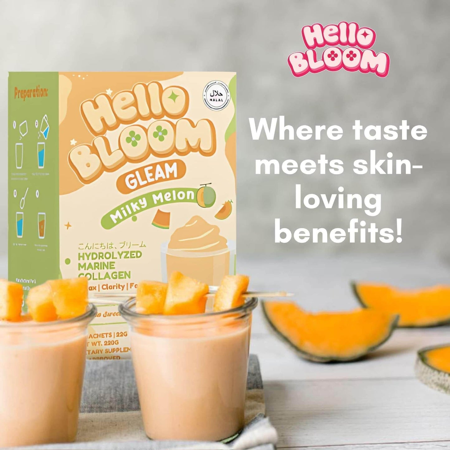 Hello Bloom GLEAM Collagen Drinks – Milky Melon, Avocado & Strawberry - MZG Health & Beauty Imports