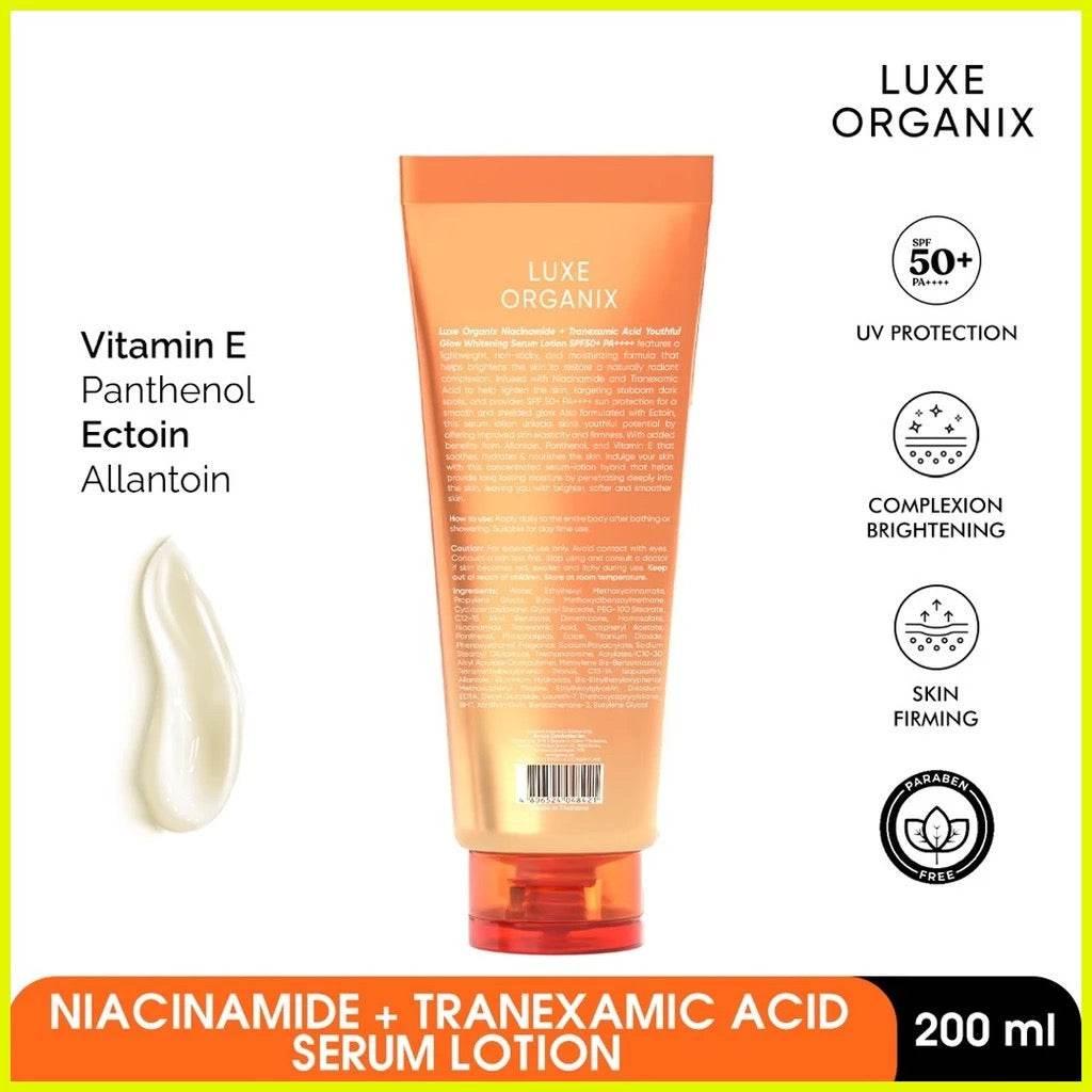 LUXE ORGANIX Niacinamide + Tranexamic Acid Youthful Glow Whitening Serum Lotion Spf50 PA+++ - MZG Health & Beauty Imports