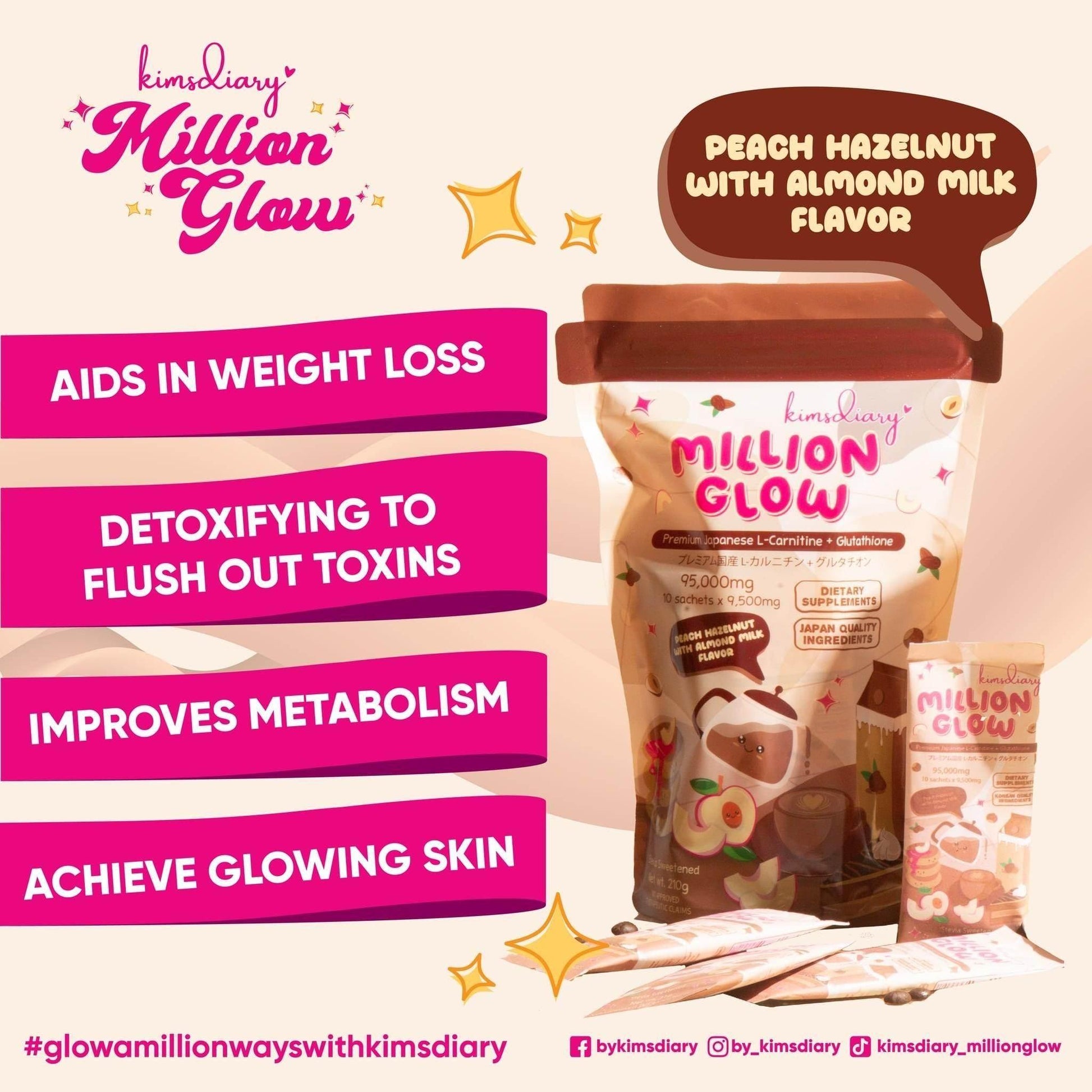Kimsdiary Million Glow Peach Hazelnut with Almond Milk Flavor - MZG Health & Beauty Imports