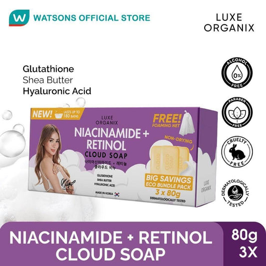 LUXE ORGANIX Niacinamide + Retinol Cloud Soap 3 x 80g (Eco Bundle Pack) - MZG Health & Beauty Imports