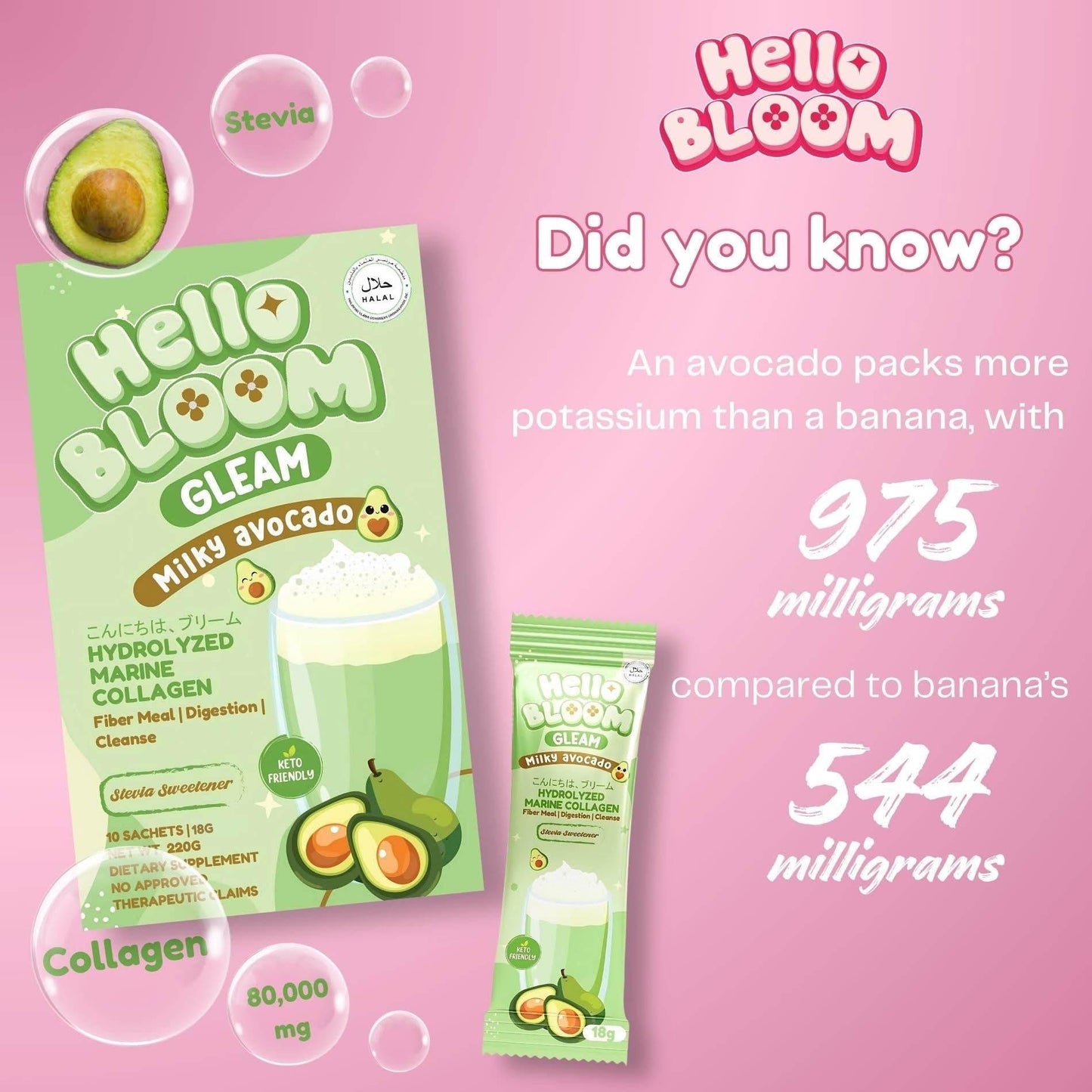 Hello Bloom GLEAM Collagen Drinks – Milky Melon, Avocado & Strawberry - MZG Health & Beauty Imports