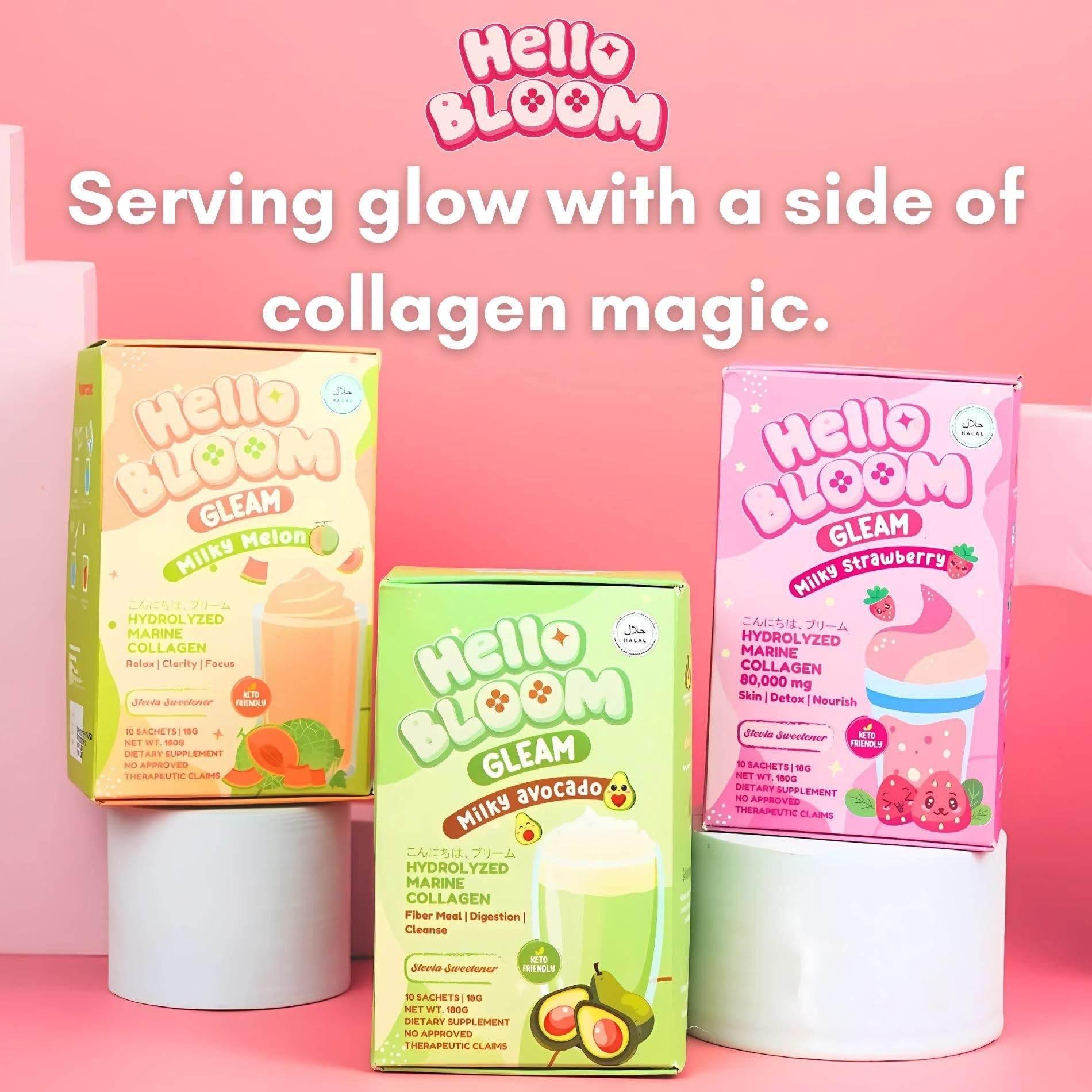 Hello Bloom GLEAM Collagen Drinks – Milky Melon, Avocado & Strawberry - MZG Health & Beauty Imports