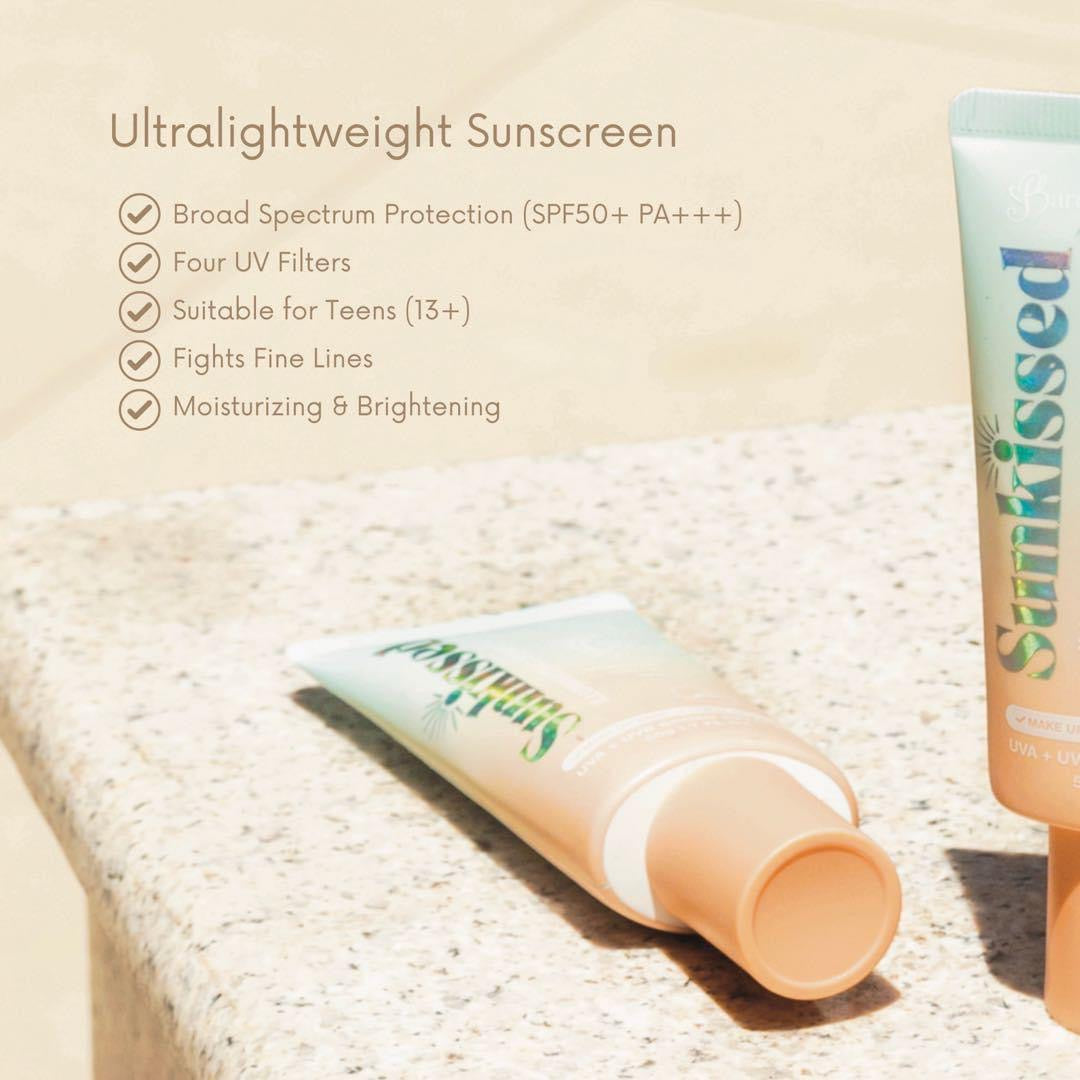 ￼ Barefaced Sunkissed Illuminating Sunscreen Protect Hydrate SPF50 Hydrolyzed Collagen Niacinamide