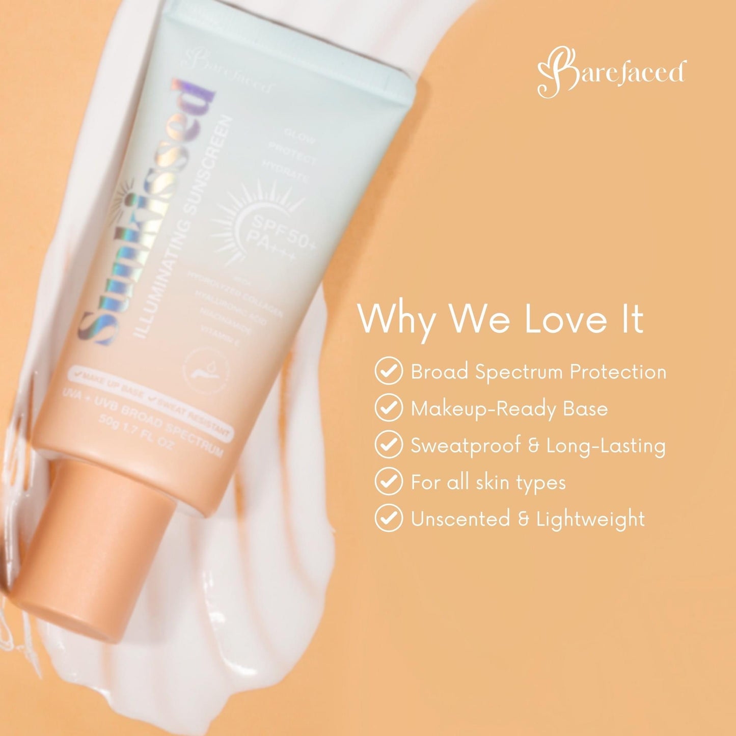 ￼ Barefaced Sunkissed Illuminating Sunscreen Protect Hydrate SPF50 Hydrolyzed Collagen Niacinamide