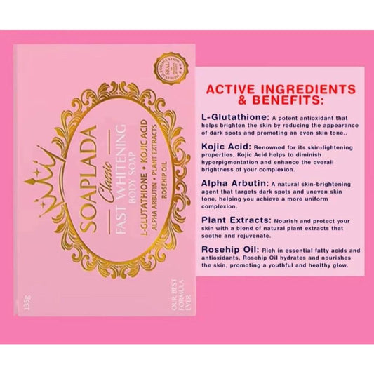 ￼SOAPLADA Classic Fast Whitening Body Soap 135g with L-Glutathione Kojic Acid - MZG Health & Beauty Imports