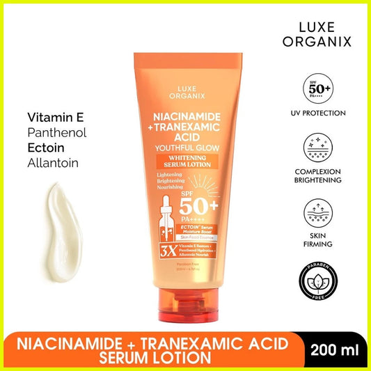 LUXE ORGANIX Niacinamide + Tranexamic Acid Youthful Glow Whitening Serum Lotion Spf50 PA+++