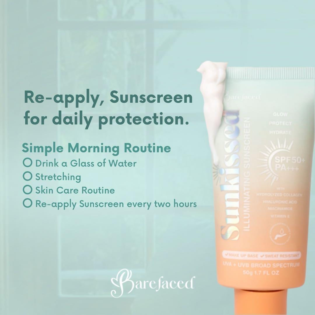 ￼ Barefaced Sunkissed Illuminating Sunscreen Protect Hydrate SPF50 Hydrolyzed Collagen Niacinamide