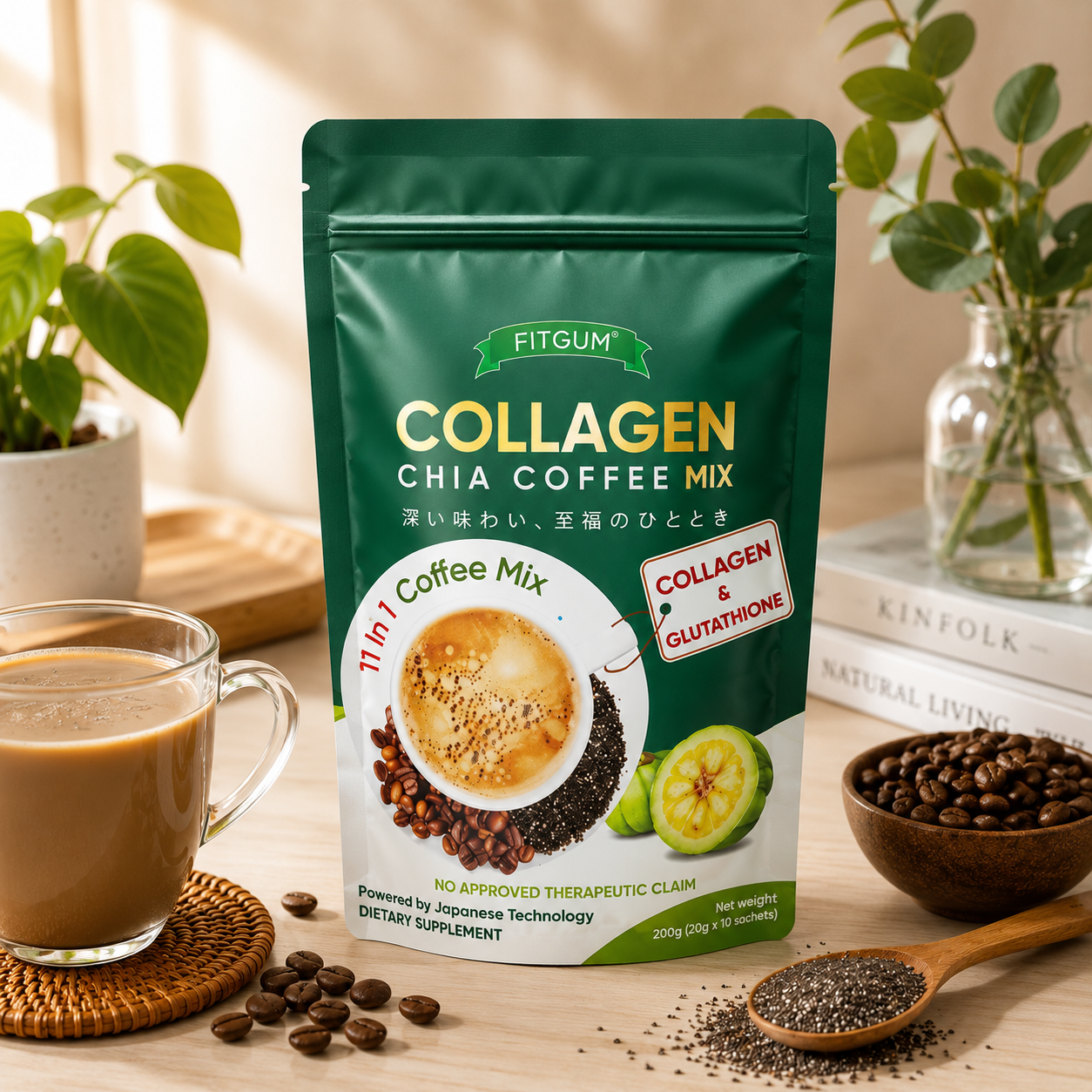FITGUM Collagen Chia Coffee 11 in 1 Coffee Mix New Packaging | 10 Sachets