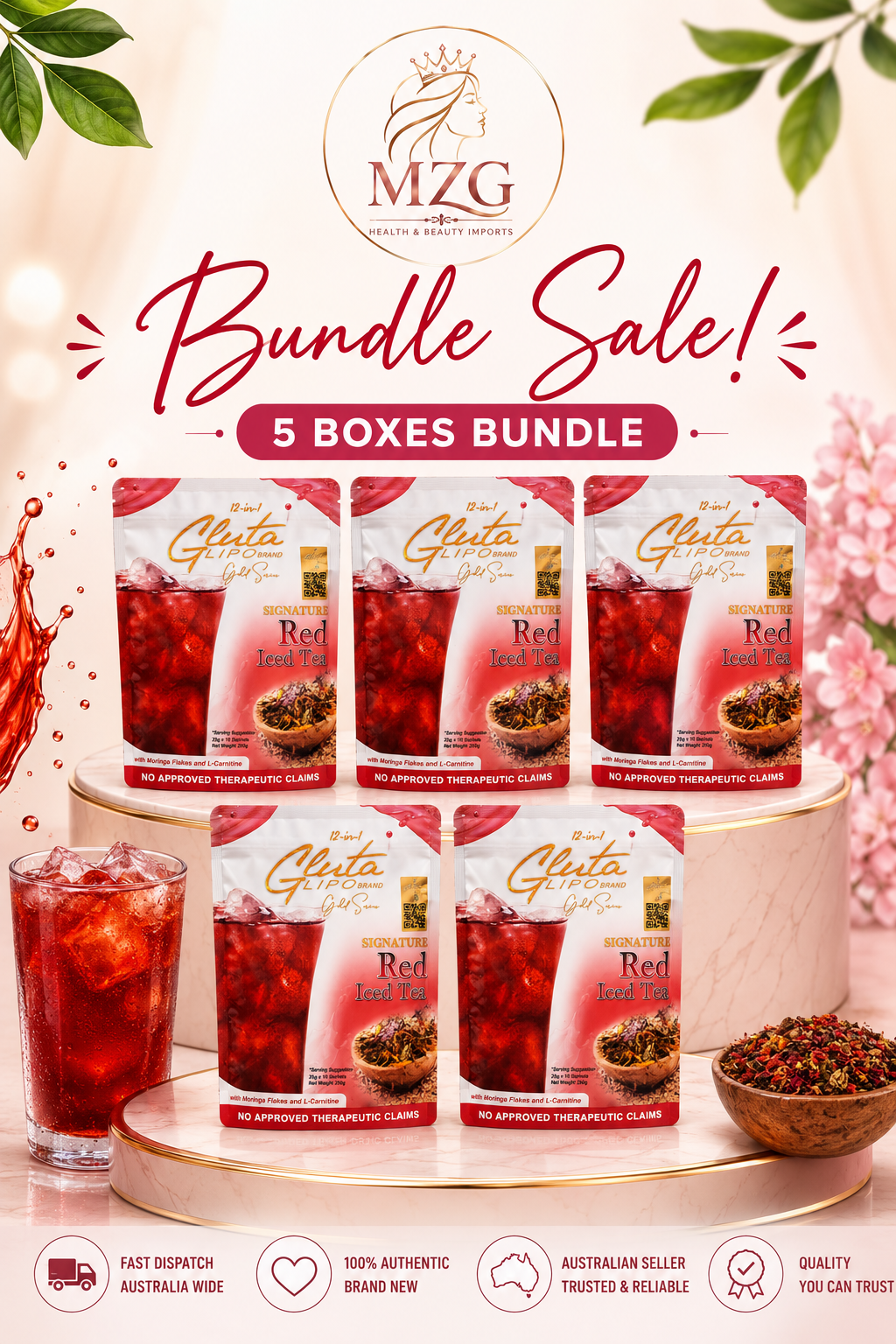 Bundle Sale 5 Boxes Gluta Lipo 12-in-1 Signature Red Iced Tea Powder Drink Mix | 10 Sachets